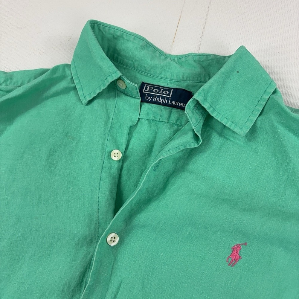 Polo Ralph Lauren Shirt Mens Medium Green Linen Silk Short Sleeve Button Up